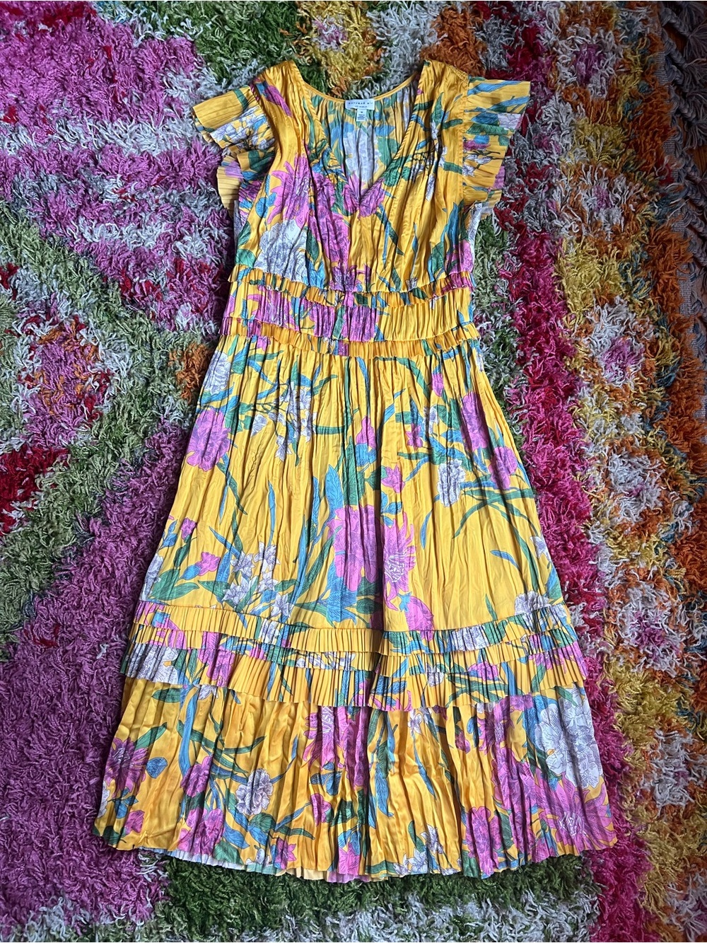 Current Air Yellow Floral Midi Dress with Pink & Green Accents